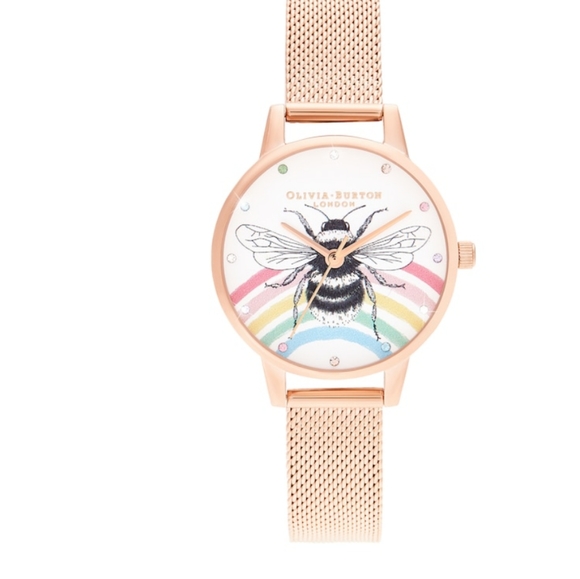 BNIB Olivia Burton Bee Rainbow Rose Gold(SS) Mesh Watch - Picture 3 of 9